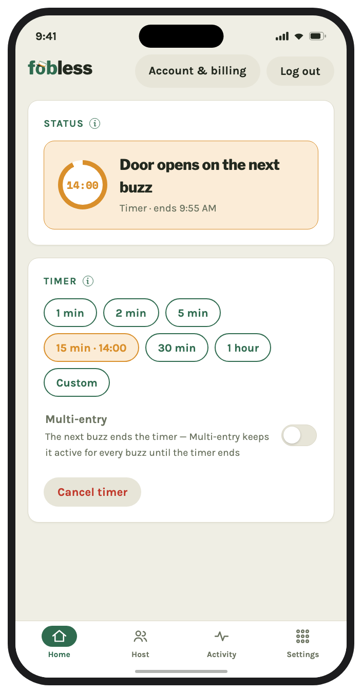 The Otto app with the buzzer activated on a 14-minute timer