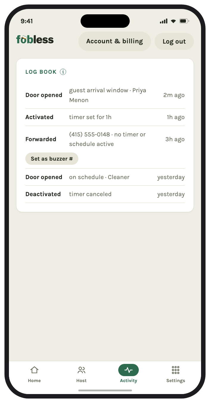 Otto activity log showing door opens, a forwarded call, and a missed buzz