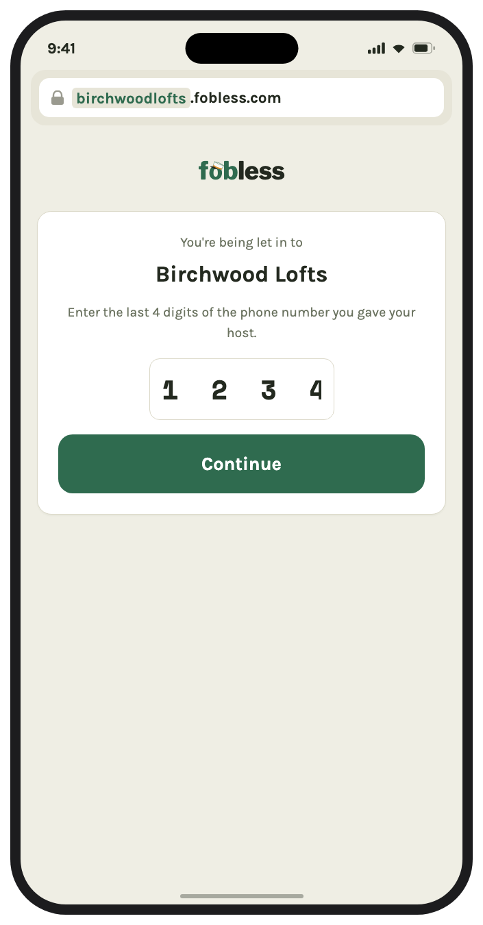 A guest opening the host's branded Otto page at birchwoodlofts.ottobuzzer.com on their phone to check themselves in