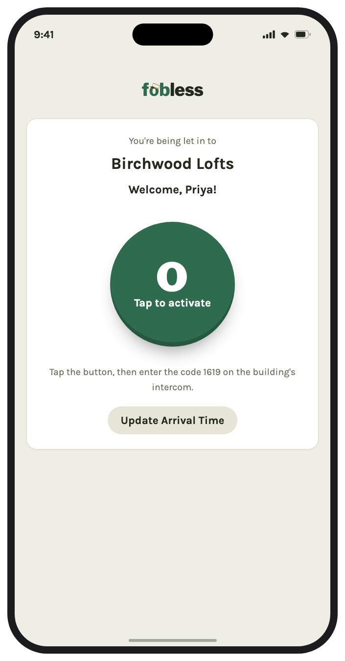 A Otto guest link page welcoming a visitor, with a large round Tap to activate buzzer button