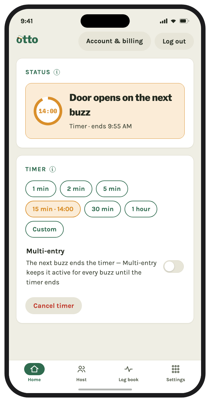 The Otto app with the buzzer activated on a 14-minute timer