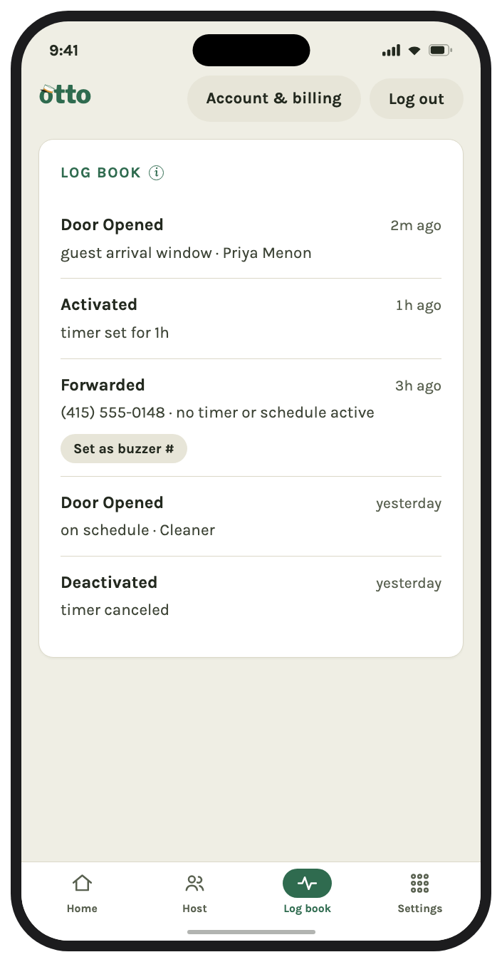 Otto log book showing door opens, a forwarded call, and a missed buzz