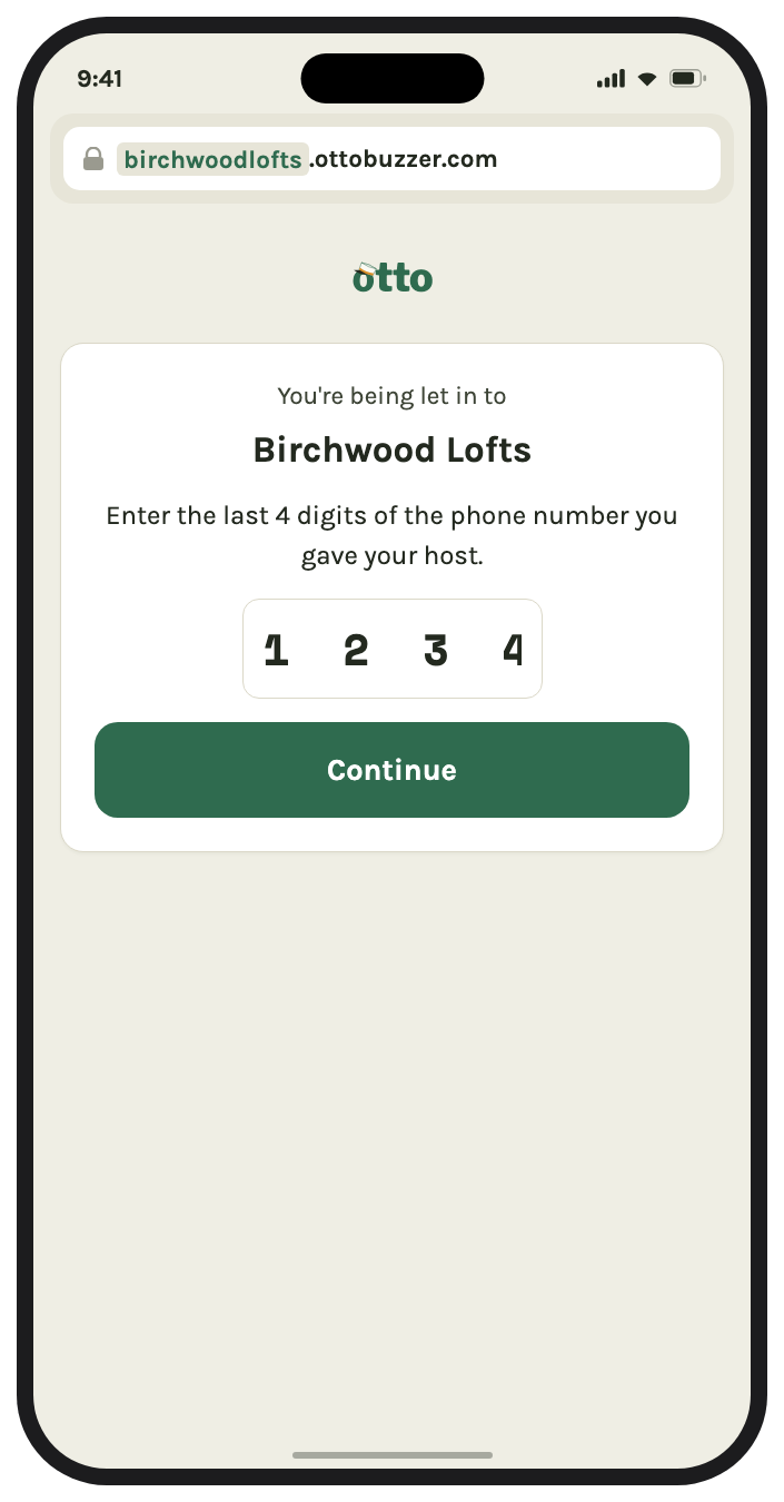A guest opening the host's branded Otto page at birchwoodlofts.ottobuzzer.com on their phone to check themselves in