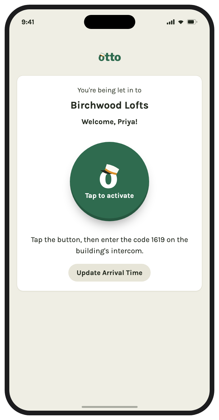 A Otto guest link page welcoming a visitor, with a large round Tap to activate buzzer button