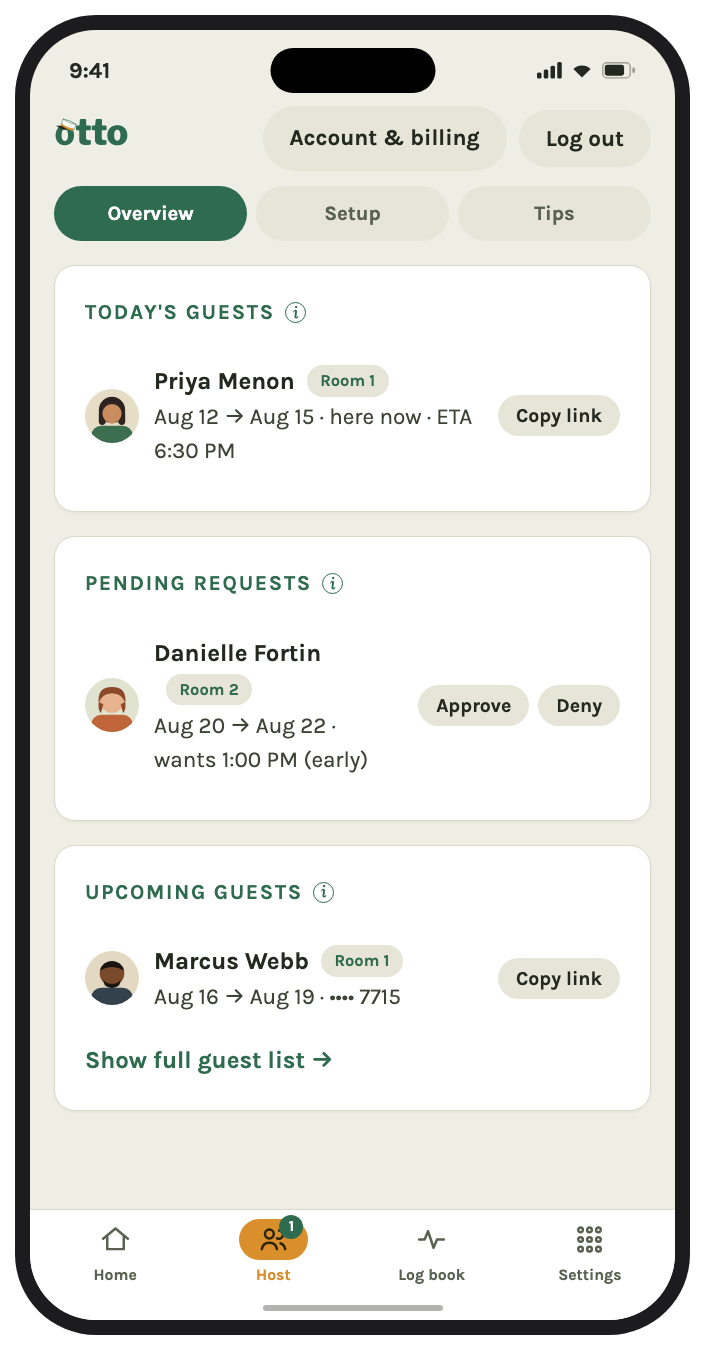Otto Pro guest list showing today's and upcoming Airbnb guests with photos, check-in dates, and early check-in approvals