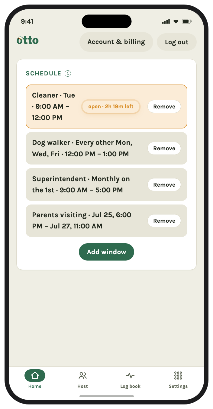 Otto access schedule with recurring weekly windows for a dog walker and cleaner