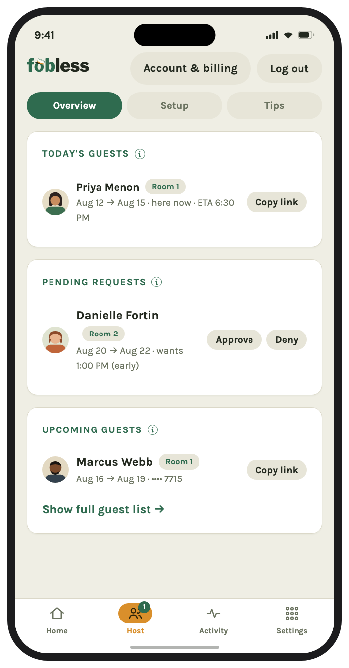 Otto Pro guest list showing today's and upcoming Airbnb guests with photos, check-in dates, and early check-in approvals
