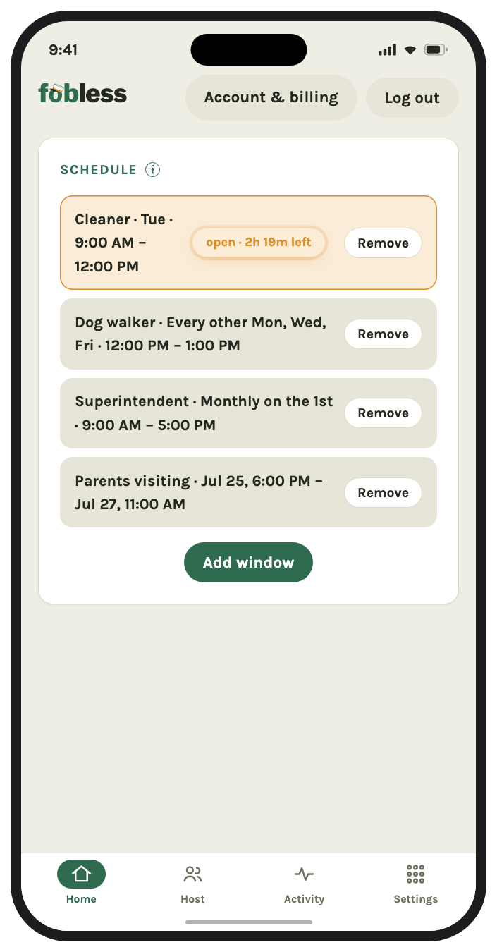 Otto access schedule with recurring weekly windows for a dog walker and cleaner